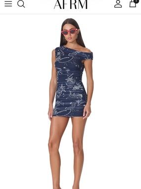 AFRM Navy and White Star celestial Print Ruched Midi dress & hat set